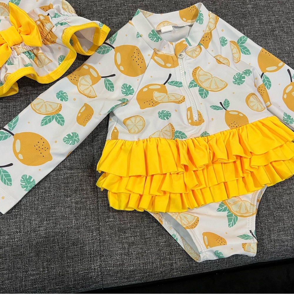 NWOT Lemon Print Ruffled Swimsuit 0-3M